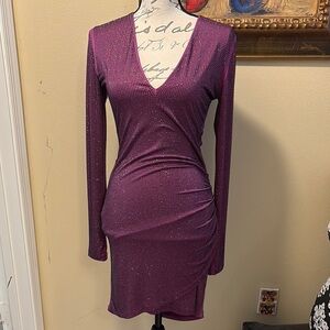 💞Pinko Crystal embellished ruched lined v-neck long sleeve bodycon dress